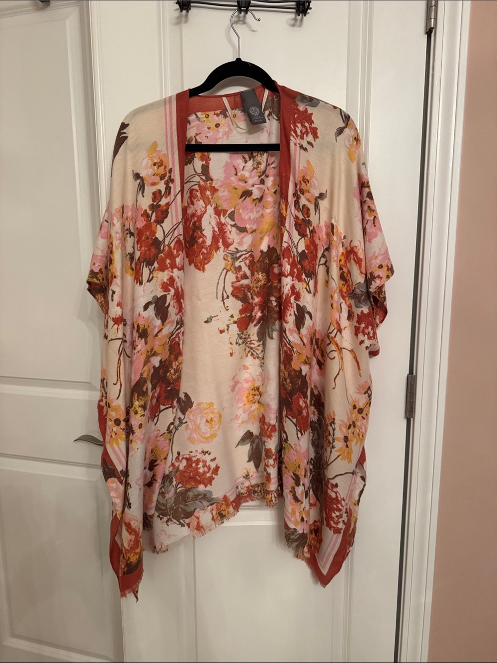 Vince Camuto Cream Floral Open-Front Top with Rust Trim